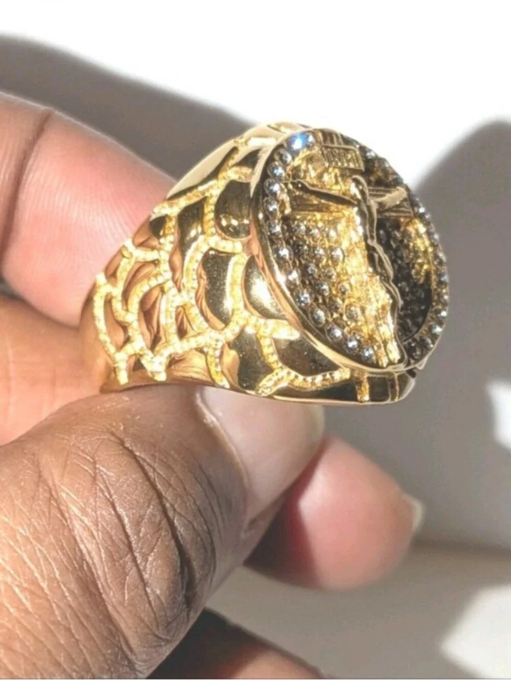 3ct Round CUT MOISSANITE MENS 14K YELLOW GOLD PLATED JEANS CRUSIFIX RING SZ 11